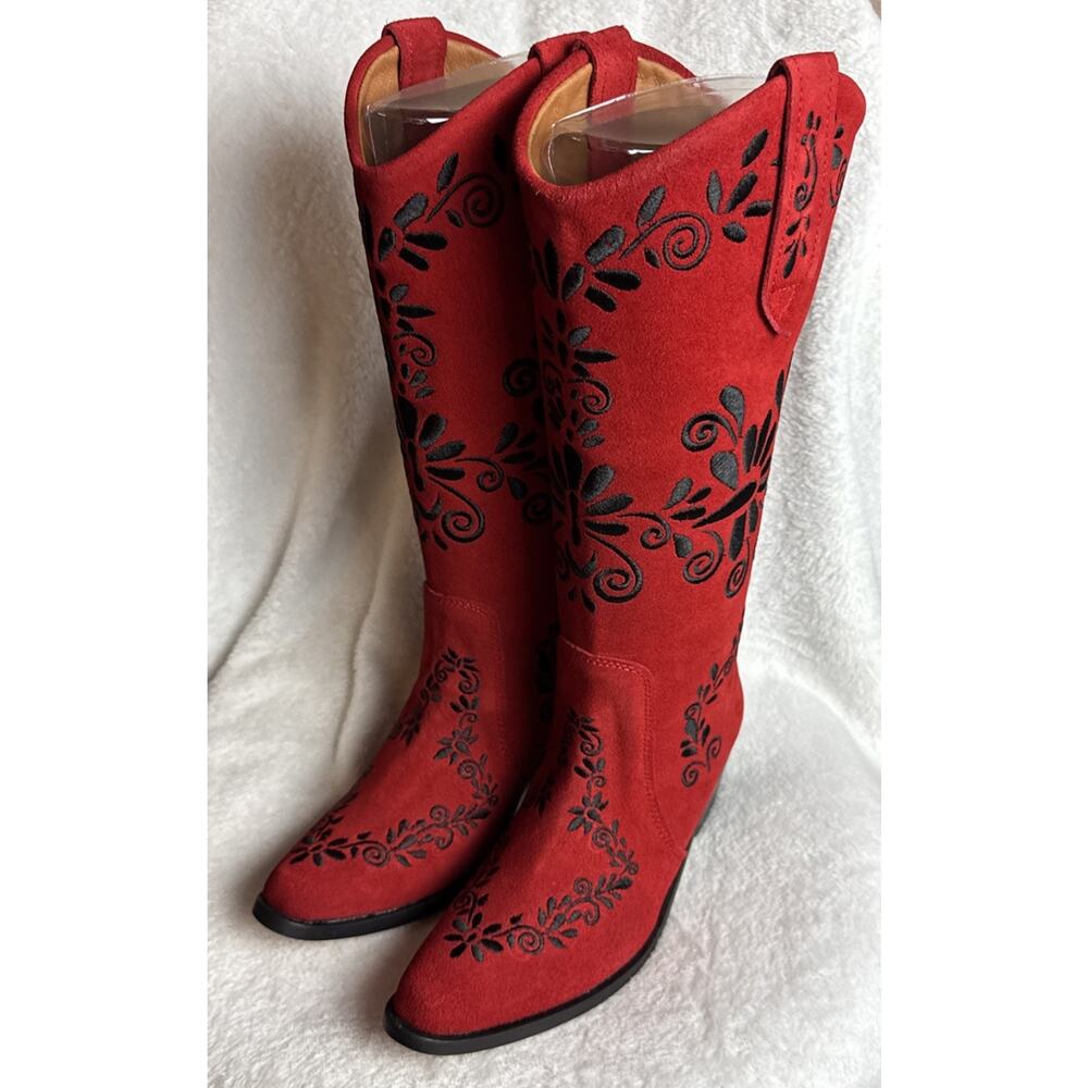 Agave Sky Red Suede Black Embroidered Floral Tall Western Boots Size 6 NIB NEW